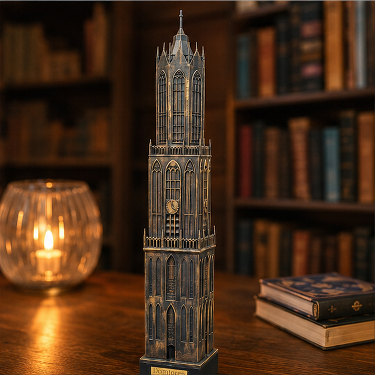 Sfeerfoto van Domtoren Utrecht met voet, zwart-goud