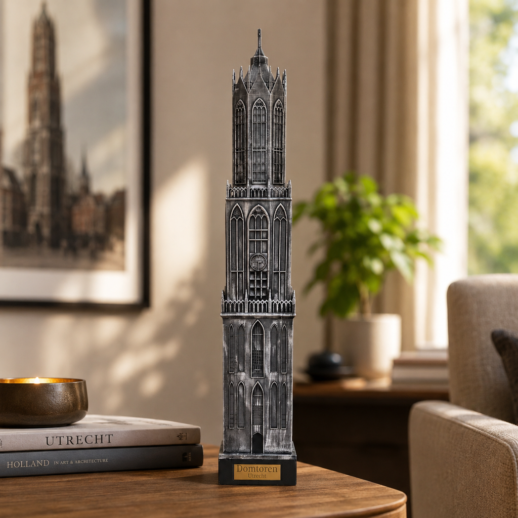 Sfeerfoto van Domtoren Utrecht met voet, zwart-zilver