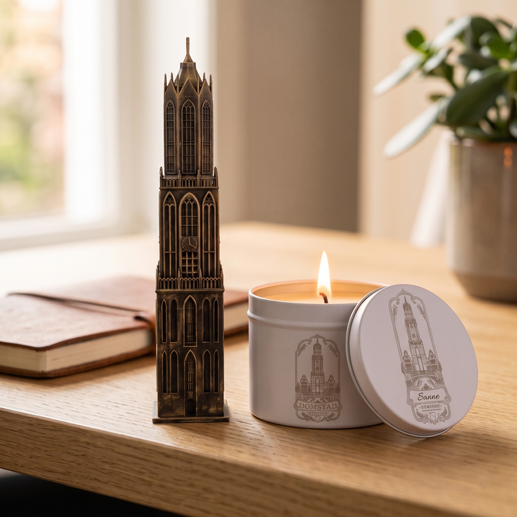 Handen houden een ronde transparante Domtoren decoratie van Domstad Cadeaus vast