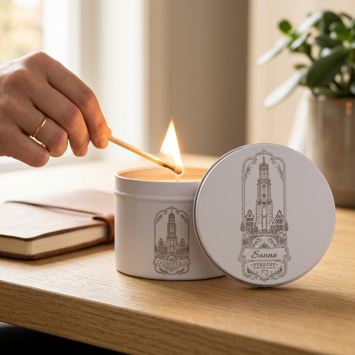 Kaars met naam en Utrecht skyline als zakelijk cadeau