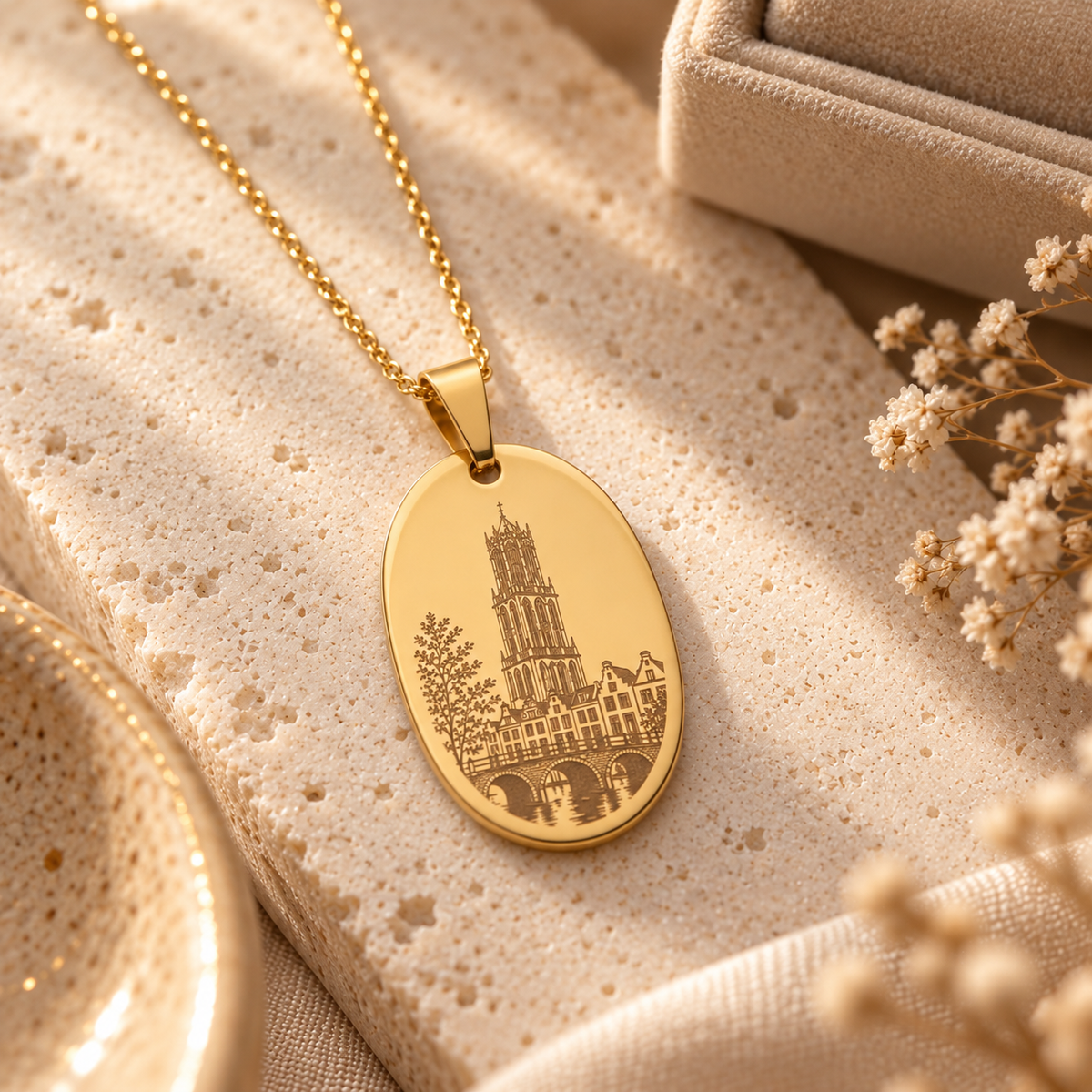 Sfeerfoto van Utrecht ketting met ovale Domtoren-hanger