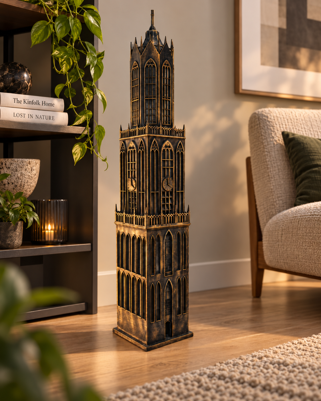 Sfeerfoto van het grootste model Domtoren Utrecht zonder voet, zwart-goud