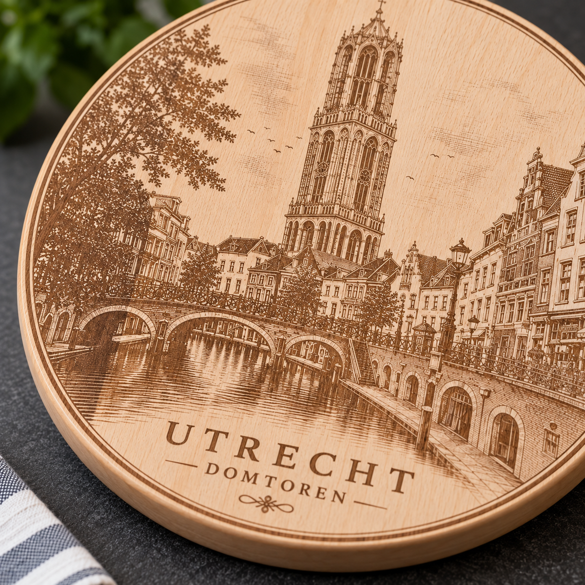 Detail van Beuken snij- en borrelplank Utrecht, Grachtzicht