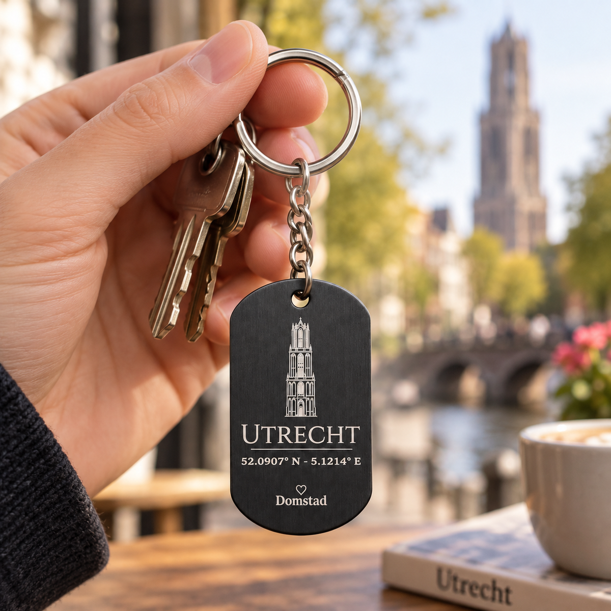 Zwarte dogtag-sleutelhanger Utrecht in gebruik
