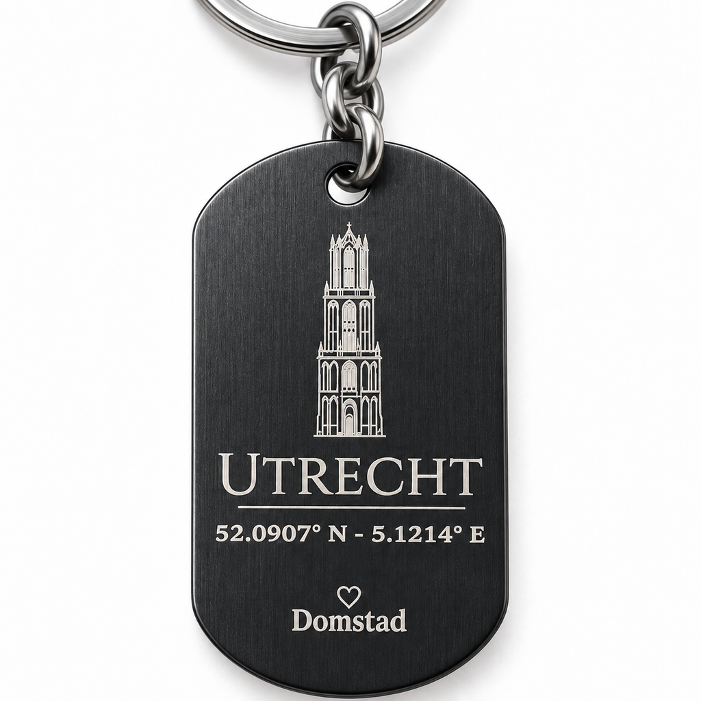 Detail van Zwarte dogtag-sleutelhanger Utrecht