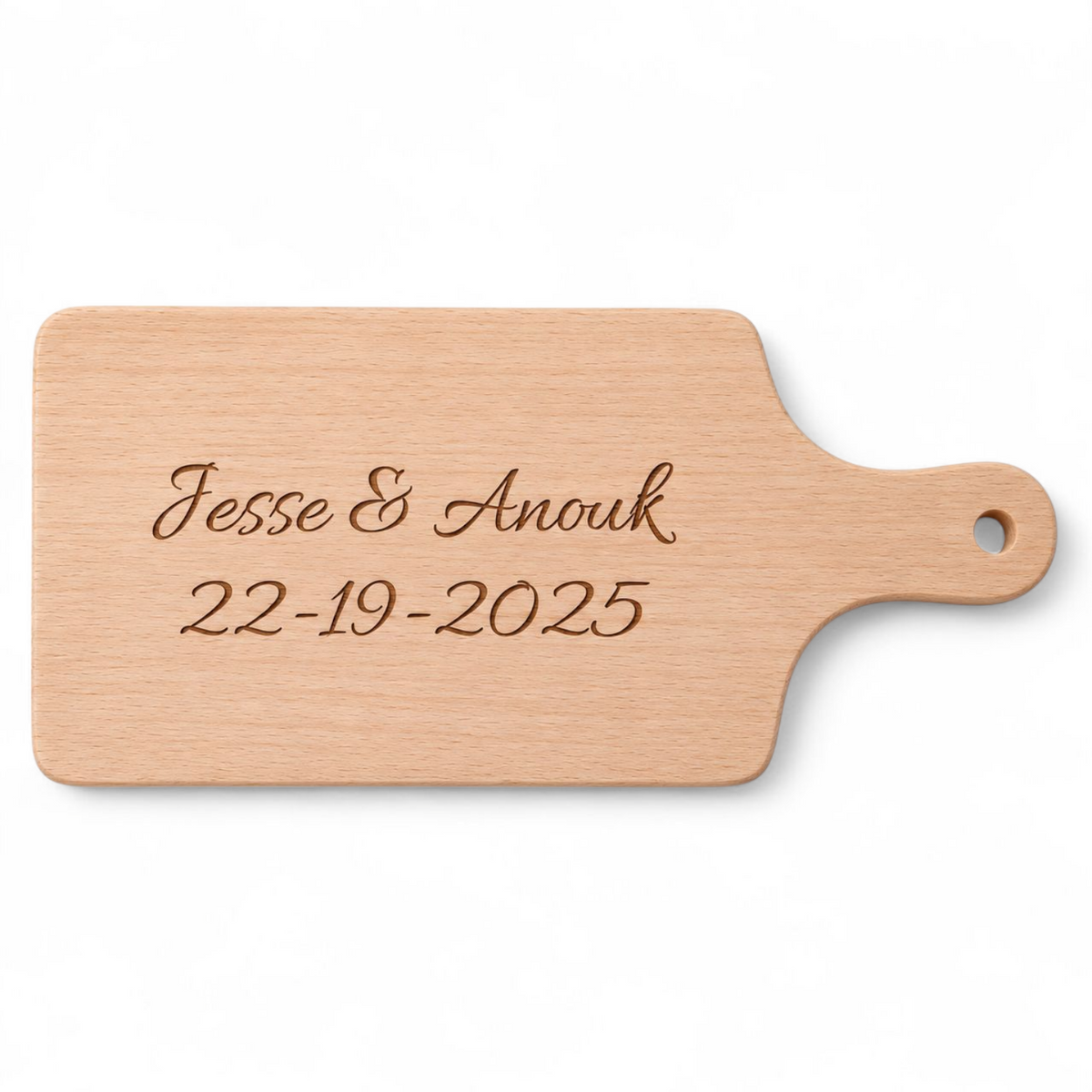 Voorbeeld van personalisatie op Beuken snij- en borrelplank Utrecht, 33 × 14 cm