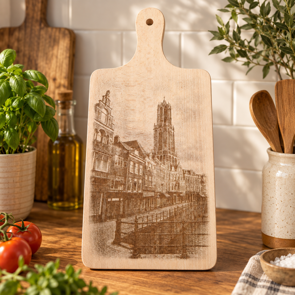 Beuken snij- en borrelplank Utrecht, 44 × 20 cm in gebruik