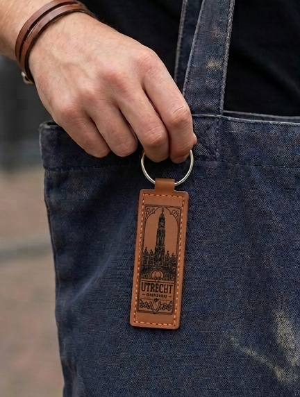 Kunstleren sleutelhanger Utrecht met Domtoren in gebruik