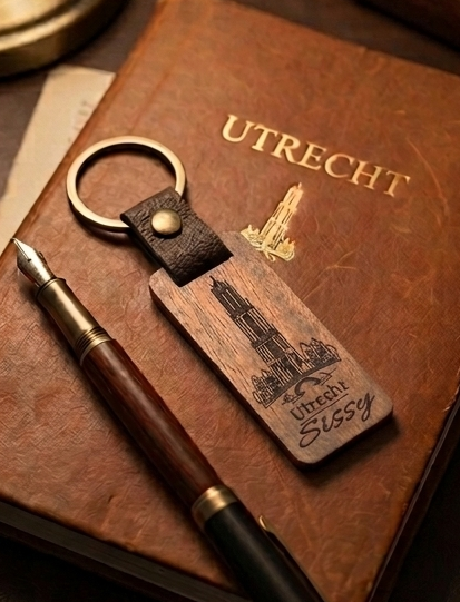 Voorbeeld van personalisatie op Walnoothouten sleutelhanger Utrecht met Domtoren