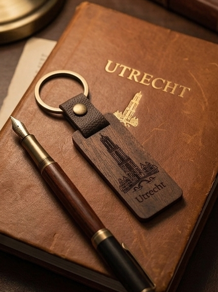 Sfeerfoto van Walnoothouten sleutelhanger Utrecht met Domtoren