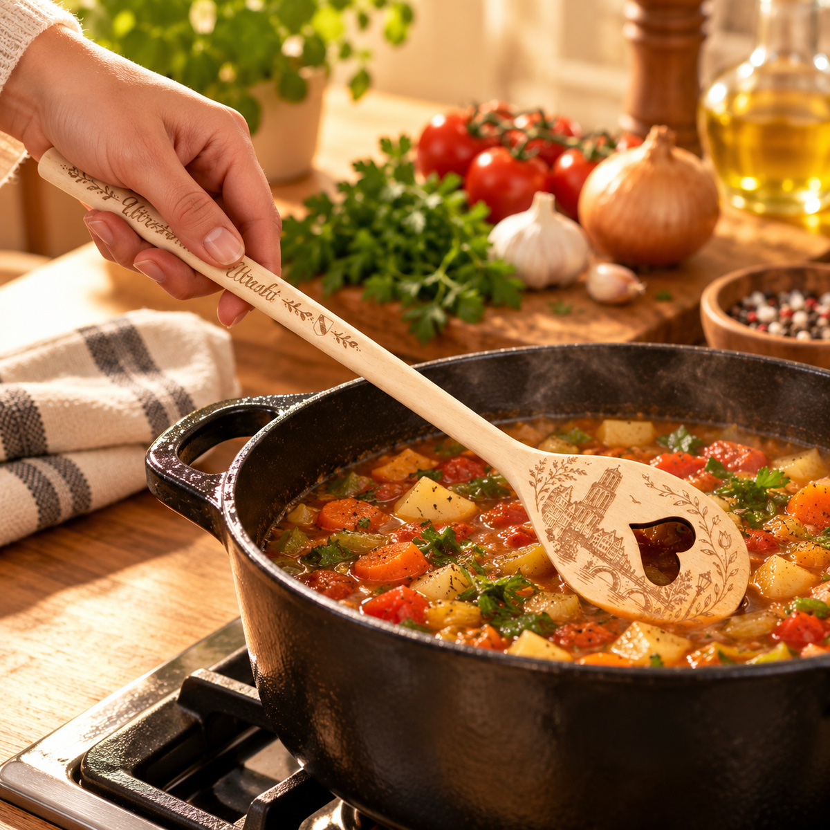 Ronde Utrecht kookspatel in gebruik tijdens het koken