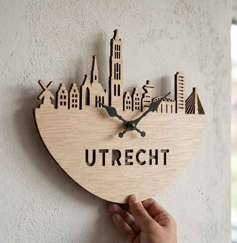 Houten wandklok Utrecht met Domtoren in gebruik