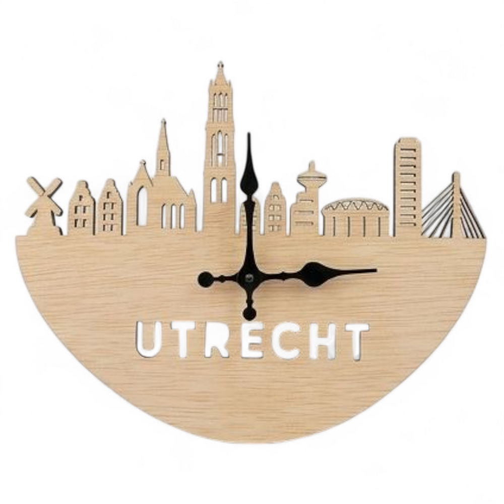 Houten wandklok Utrecht met Domtoren in houtkleur