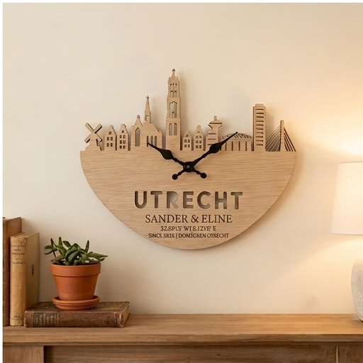 Voorbeeld van personalisatie op Houten wandklok Utrecht met Domtoren