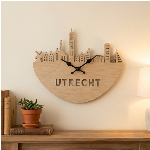 Sfeerfoto van Houten wandklok Utrecht met Domtoren