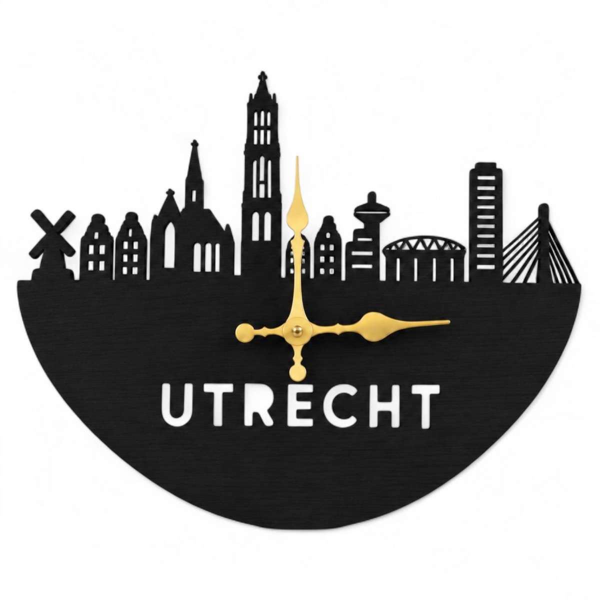 Houten wandklok Utrecht met Domtoren in zwart